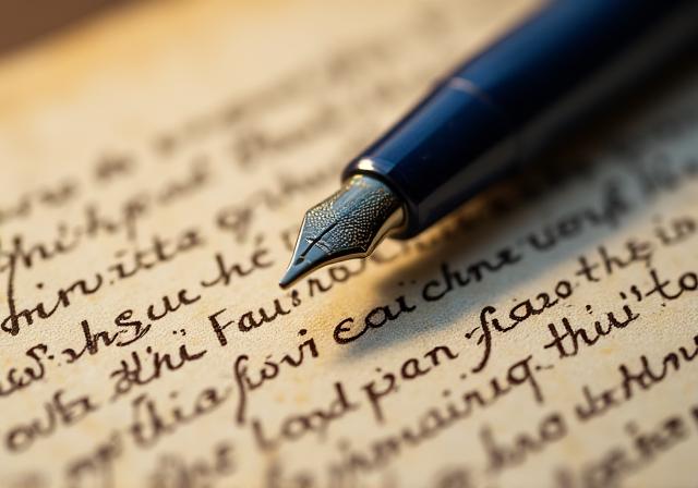Close up of an ancient legal manuscript with a modern fountain pen
