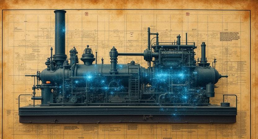 Vintage detailed architectural blueprints morphing into complex digital circuitry